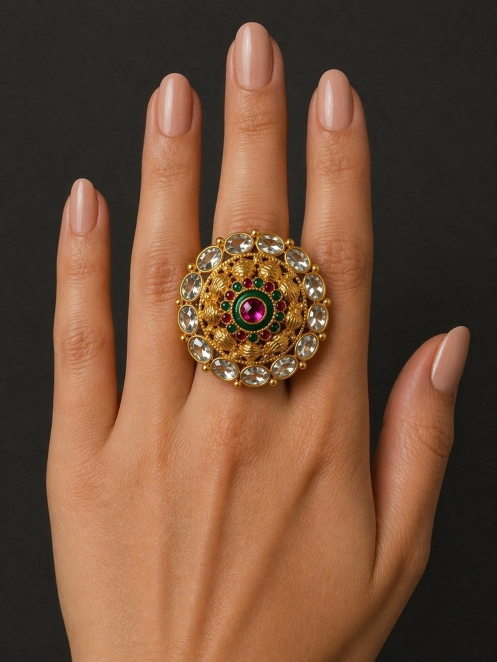 Gold Tone Adjustable Statement Ring Red Green Crystal Halo